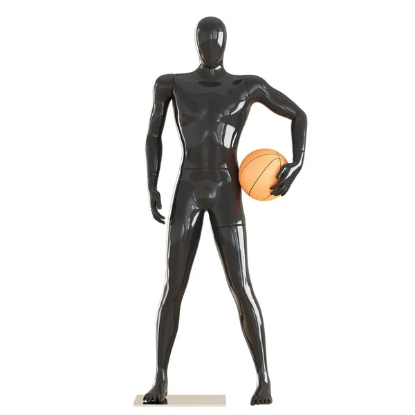 Siyah yüzsüz bir adam bir manken basketbol topuyla duruyor. 3d render — Stok fotoğraf