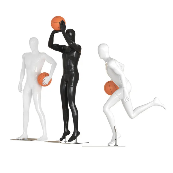 Два белых манекена и один чёрный в середине в разных позах держат баскетбольный мяч. 3d-рендеринг — стоковое фото