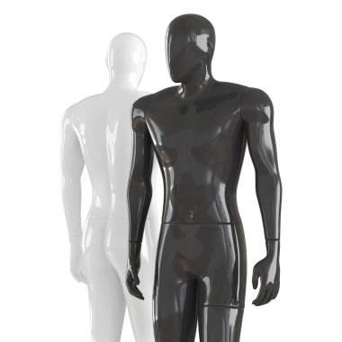 Siyah ve beyaz manken birbirinden uzağa bakarak, ücretsiz bir düz poz standı. İzole arka planda 3d görüntüleme