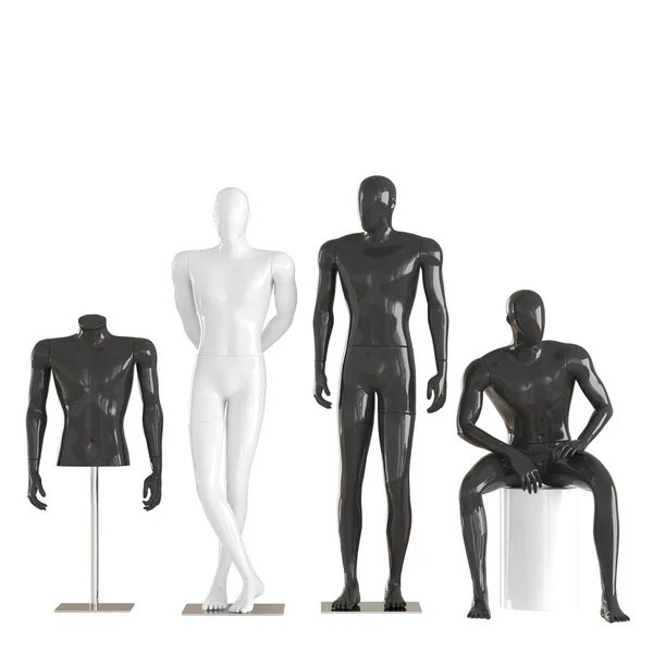 Cuatro maniquíes diferentes en una pose de pie y sentado y un torso maniquí en una rejilla de hierro. Representación 3D sobre fondo aislado — Foto de Stock