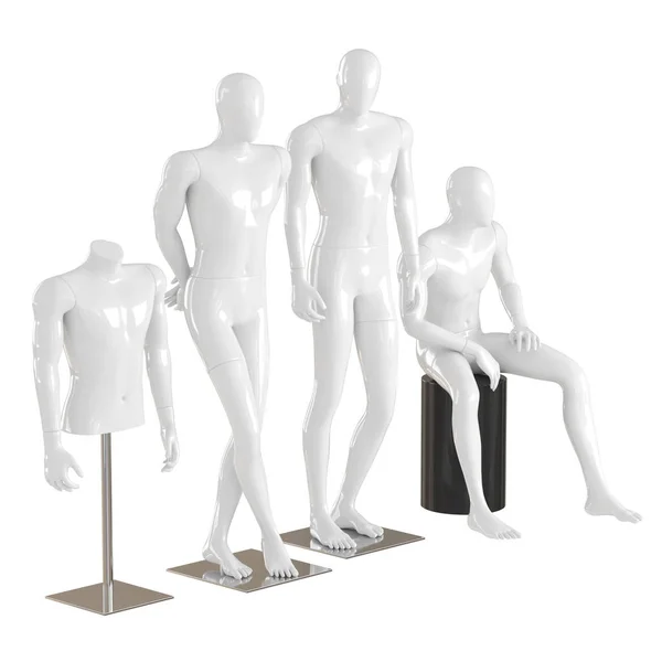 Four different white mannequins in a standing and sitting pose and one torso mannequin on an iron rack. 3D rendering on isolated background — Stock Photo, Image