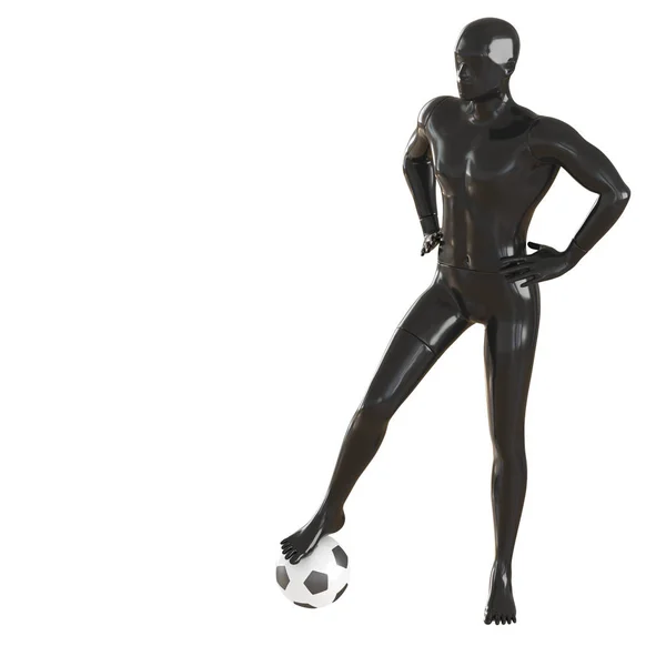 Un jugador de fútbol negro maniquí sostiene sus manos en su cinturón, y su pierna se para en una pelota de fútbol. Representación 3D sobre fondo aislado — Foto de Stock