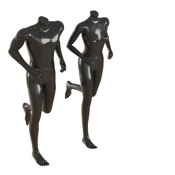 Біжить чорний чоловічий і жіночий маннекін. 3D візуалізація на ізольованому фоні — стокове фото