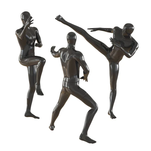 Tres maniquíes negros están uno contra el otro en diferentes posturas como en las artes marciales. Representación 3D sobre fondo aislado — Foto de Stock