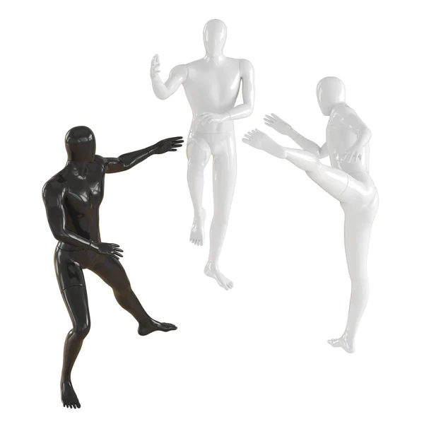 Uno negro y dos maniquíes blancos están uno contra el otro en diferentes posturas como en las artes marciales. Representación 3D sobre fondo aislado — Foto de Stock