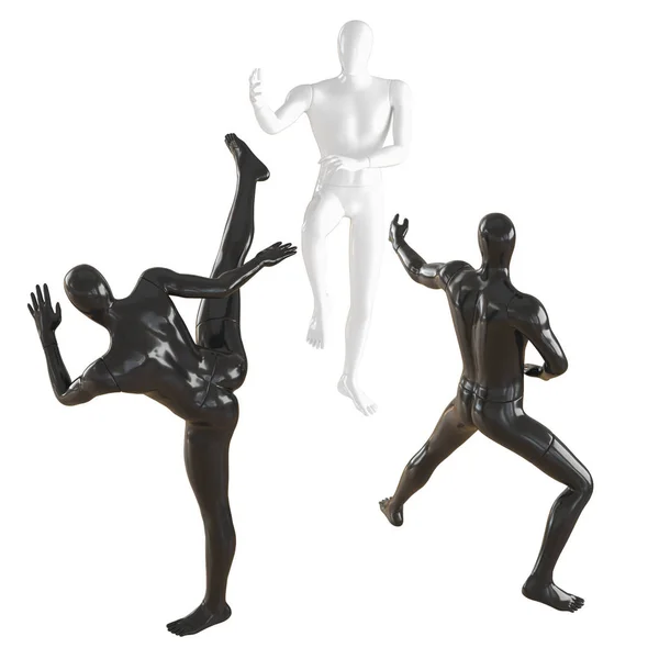 Un manichino nero e due manichini bianchi sono uno contro l'altro in posizioni diverse come nelle arti marziali. rendering 3D su sfondo isolato — Foto Stock