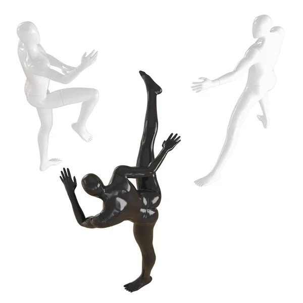 Один чёрный и два белых манекена стоят друг против друга в разных позах, как в боевых искусствах. 3D рендеринг на изолированном фоне — стоковое фото