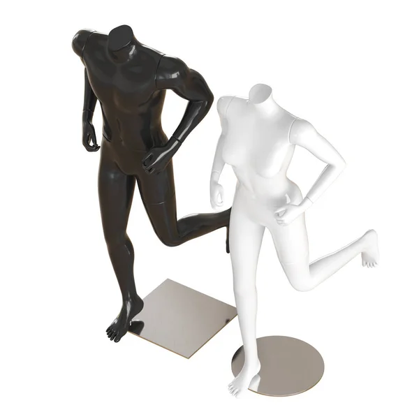 Läuft schwarze männliche und weiße weibliche Schaufensterpuppe. 3D-Darstellung auf isoliertem Hintergrund — Stockfoto