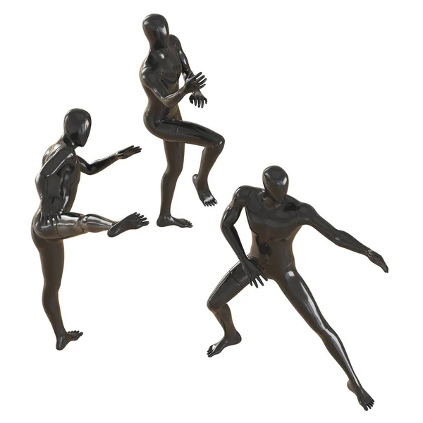 Tres maniquíes negros están uno contra el otro en diferentes posturas como en las artes marciales. Representación 3D sobre fondo aislado — Foto de Stock