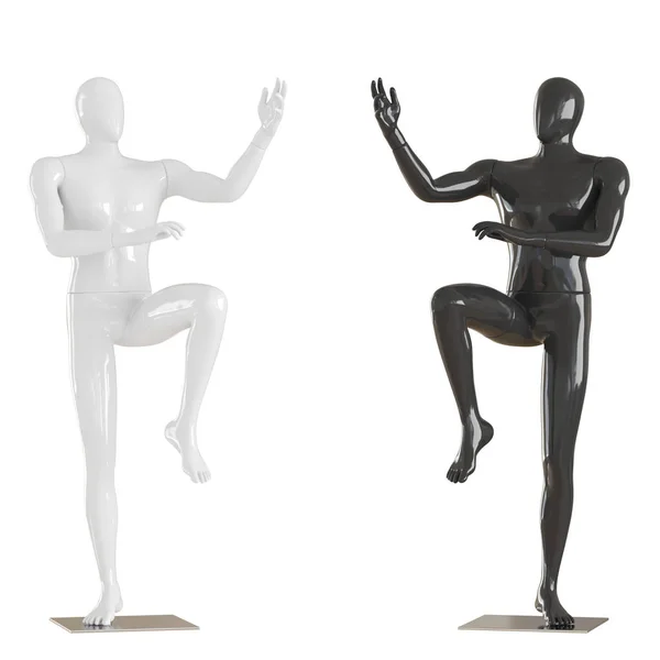 Un maniquí blanco y negro se encuentra en una postura de luchador de artes marciales. Representación 3D sobre fondo aislado — Foto de Stock