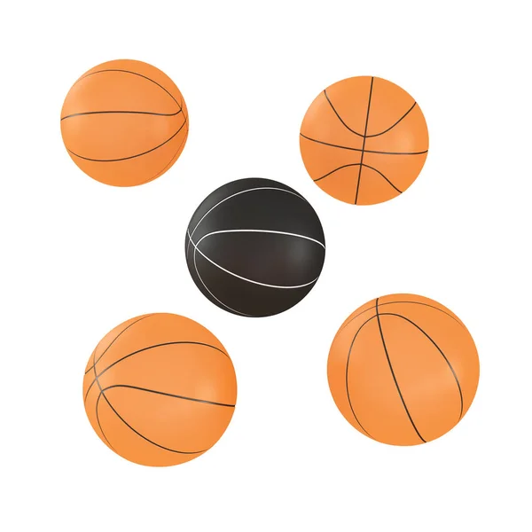 Чотири помаранчеві баскетбольні м'ячі і один чорний м'яч посередині на ізольованому тлі. 3D візуалізація — стокове фото