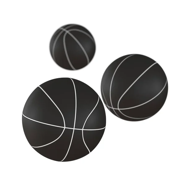 Drei schwarze Basketbälle mit Tiefenschärfeeffekt auf einem isolierten weißen Hintergrund. 3D-Darstellung — Stockfoto