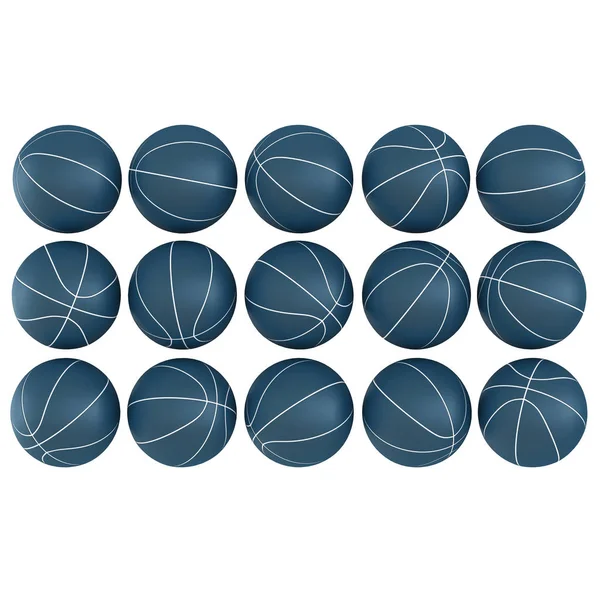 Drie rijen van vijf blauwe basketballen op een geïsoleerde witte achtergrond. 3D-rendering — Stockfoto