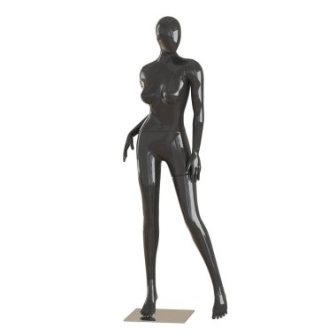 Siyah bir kadın manken izole beyaz bir arka plan üzerinde demir bir montaj üzerinde duruyor. 3d render