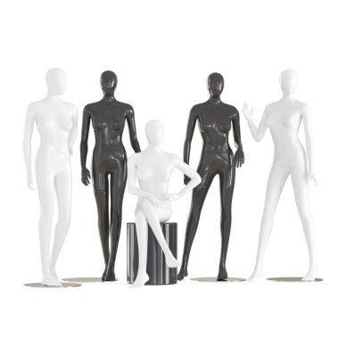 Five faceless female mannequins sit and stand on an isolated white background. 3D rendering clipart
