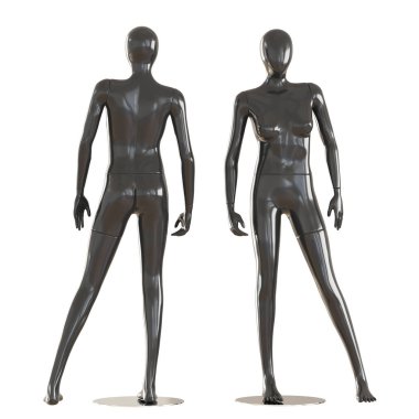 İki yüzsüz kadın mankenler izole beyaz bir arka plan üzerinde ileri ve geri yüz standı. 3d render