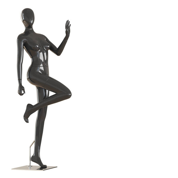 A female faceless black mannequin stands with one leg bent over isolated white background. 3D rendering