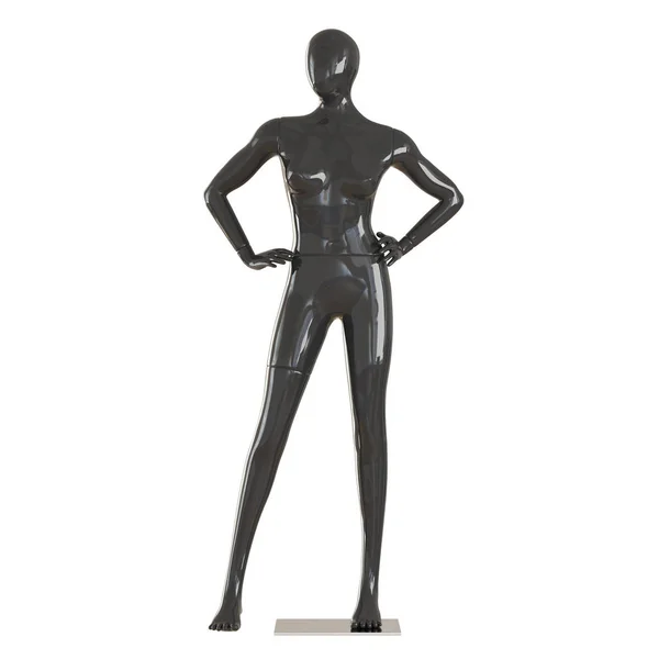Женщина безликий черный манекен стоит с руками на поясе на изолированном белом фоне. 3D рендеринг — стоковое фото