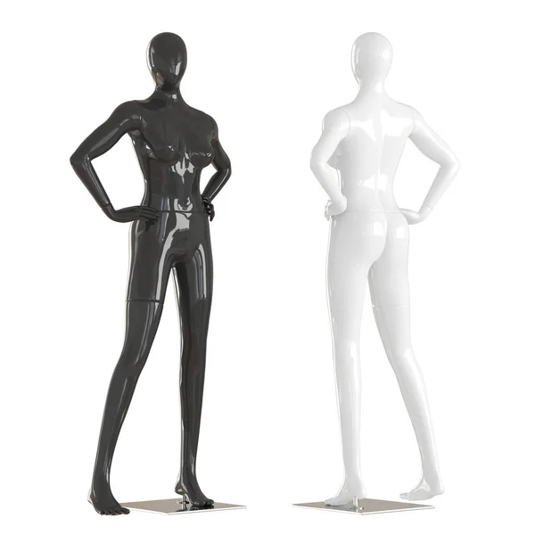 2人の女性のマネキンは、孤立した白い背景にベルトに手を置いて立っています。3D レンダリング — ストック写真