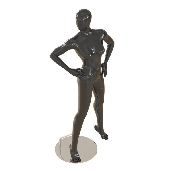 Μια μαύρη θηλυκή κούκλα στέκεται σε ένα σιδερένιο στήριγμα σε ένα απομονωμένο λευκό φόντο. απόδοση 3D — Φωτογραφία Αρχείου