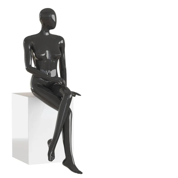 Черная женщина-манекен сидит на белой коробке на изолированном белом фоне. 3D рендеринг — стоковое фото