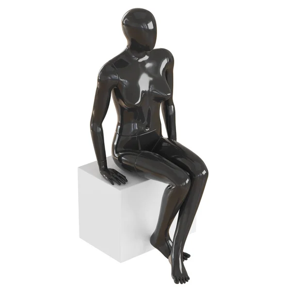 Um manequim feminino preto se senta em uma caixa branca em um fundo branco isolado. Renderização 3D — Fotografia de Stock