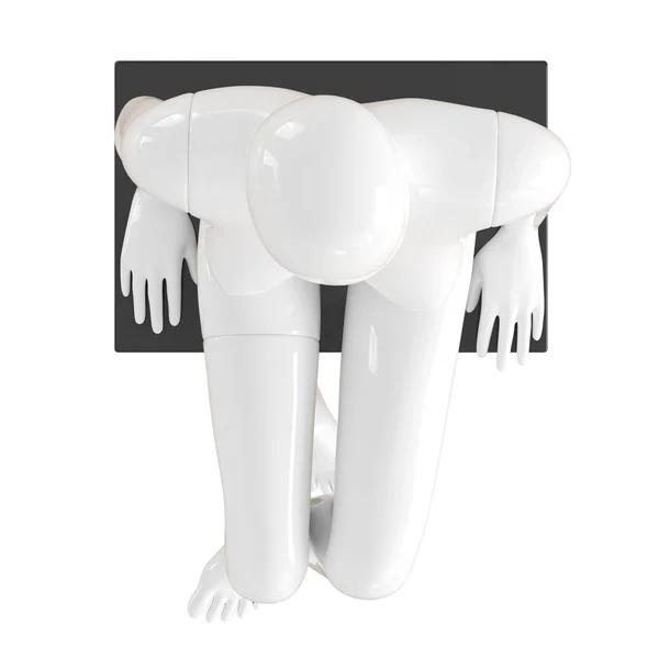 흰색 여성 마네킹이 고립 된 흰색 배경의 블랙 박스에 앉아있다. 3D 렌더링 — 스톡 사진