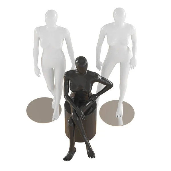 Dvě ženský figurínami stojí a jeden sedí na osamělé bílé pozadí. prostorové vykreslování — Stock fotografie