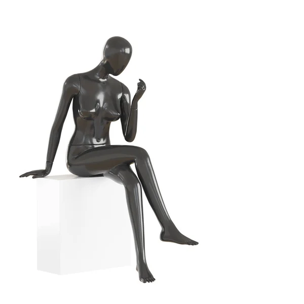 얼굴이 없는 여성 마네킹이 고립된 흰색 배경에 있는 흰색 큐브 위에 앉아 있습니다. 3D 렌더링 — 스톡 사진