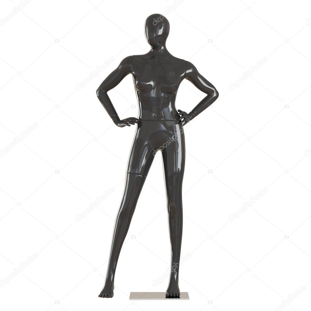 A female faceless black mannequin stands with his hands on his belt on an isolated white background. 3D rendering