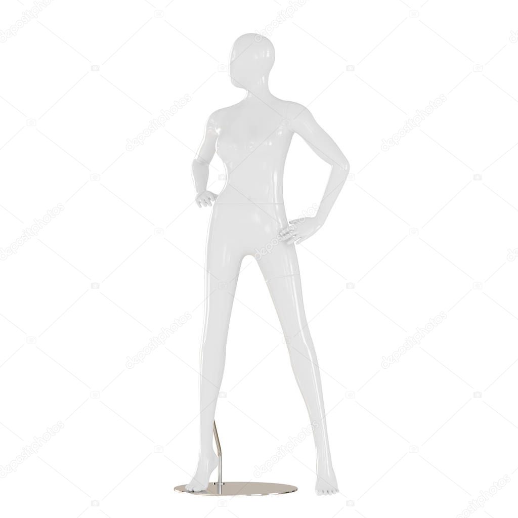 A white female mannequin stands on an iron mount on an isolated white background. 3D rendering