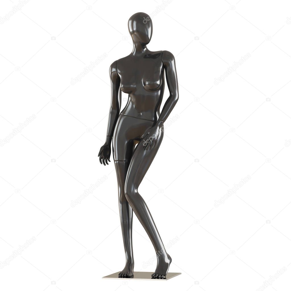 A female faceless mannequin stands in a shy pose on an isolated white background. 3D rendering