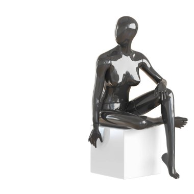 Siyah kadın manken, izole edilmiş arka planda silindirik bir taburede oturuyor.