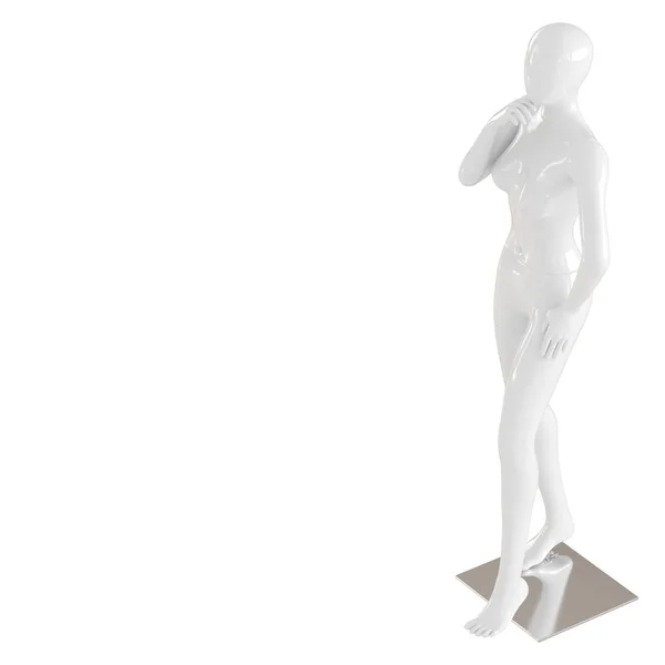 Μια Λευκή θηλυκή κούκλα στέκεται σε ένα σιδερένιο στήριγμα σε ένα απομονωμένο λευκό φόντο. απόδοση 3D — Φωτογραφία Αρχείου