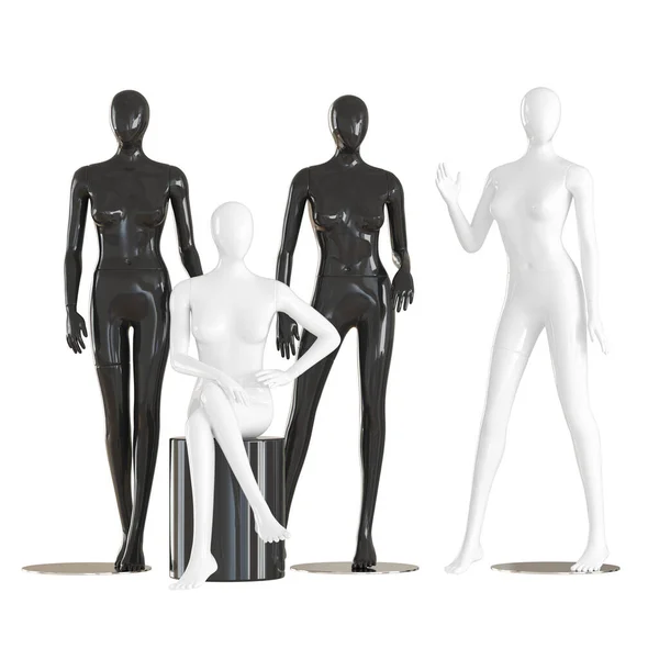 Tři ženské figuríny stojí a jeden sedí na izolovaném pozadí .3d rendering — Stock fotografie