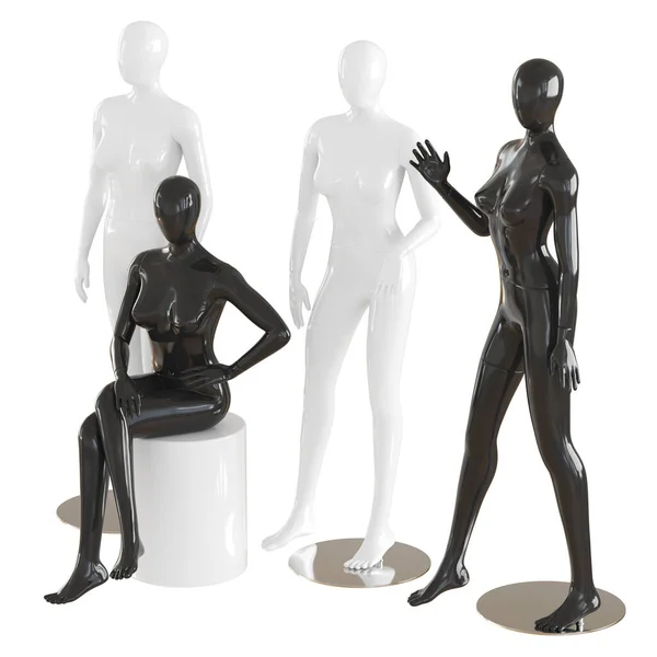 Drei weibliche Schaufensterpuppen stehen und eine sitzt auf einem isolierten Hintergrund. — Stockfoto