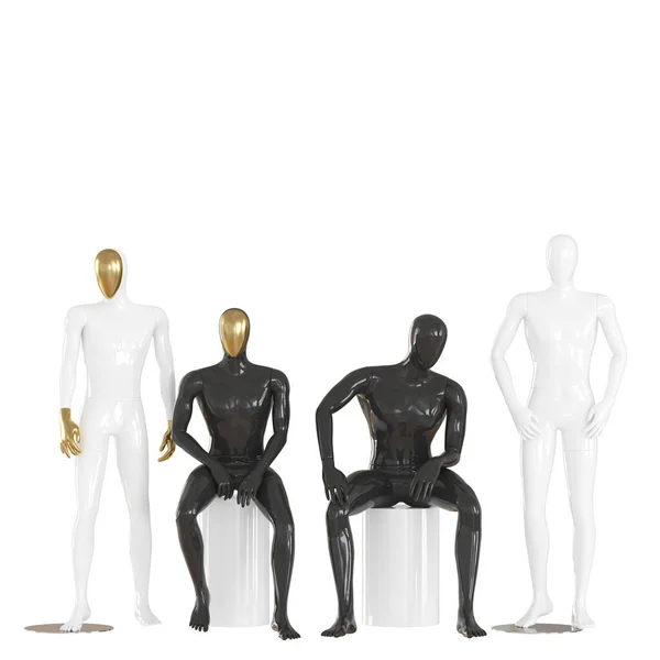 Cuatro maniquíes masculinos en una postura sentada y de pie sobre un fondo aislado. — Foto de Stock