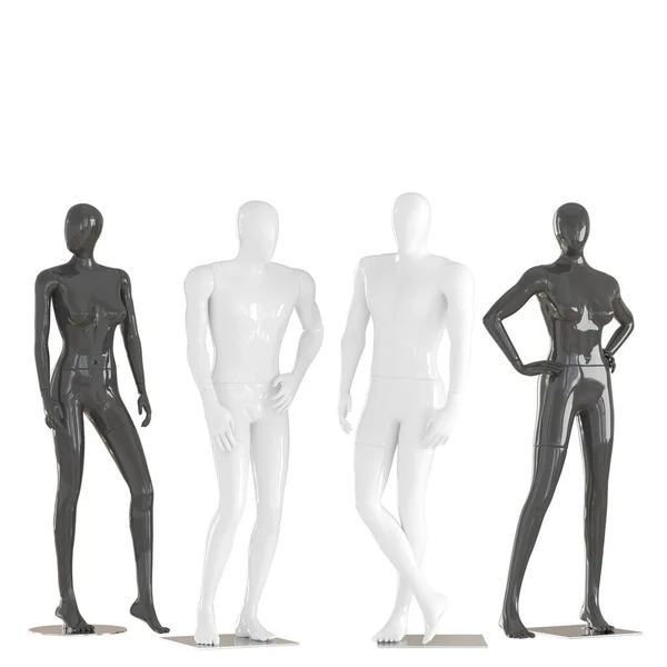 Twee mannelijke en twee vrouwelijke mannequins in een staande houding op een geïsoleerde achtergrond .3d rendering — Stockfoto