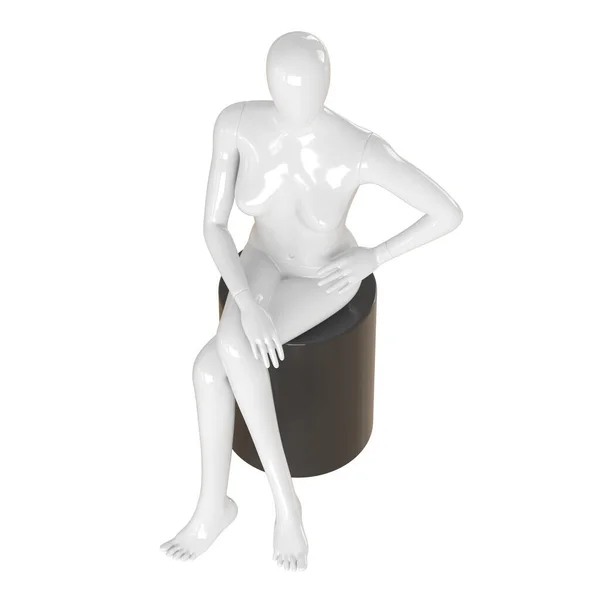 Manichino femminile bianco seduto su uno sgabello cilindrico su uno sfondo isolato.Rendering 3d — Foto Stock