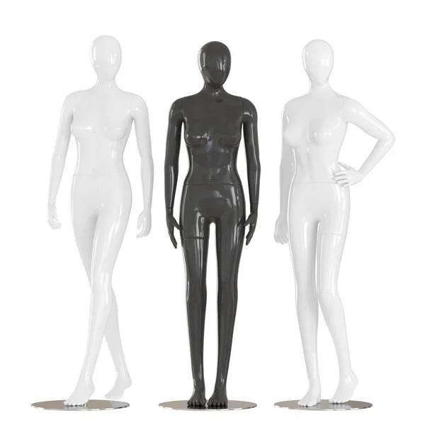 Dois manequim feminino branco e um preto entre eles em um fundo isolado .3d renderização — Fotografia de Stock