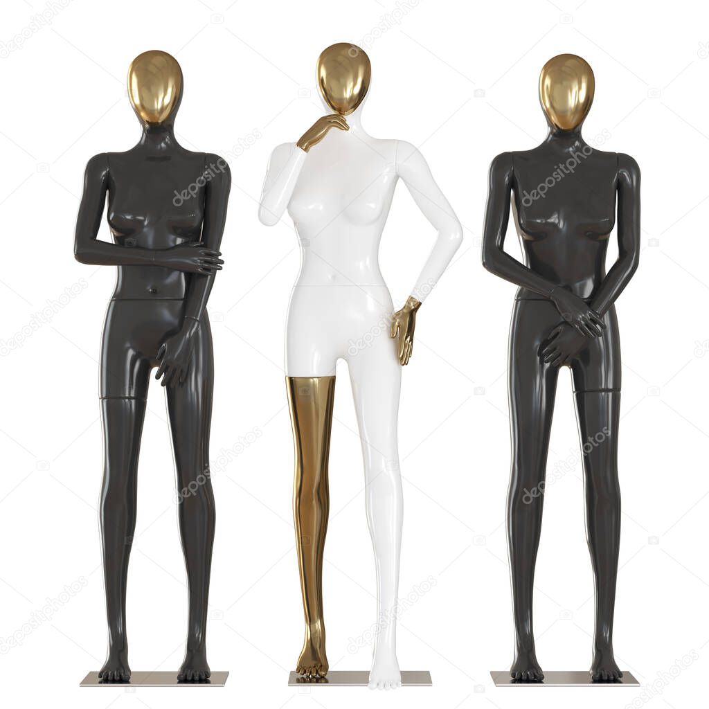 Three female mannequins with golden faces on an isolated background .3d rendering