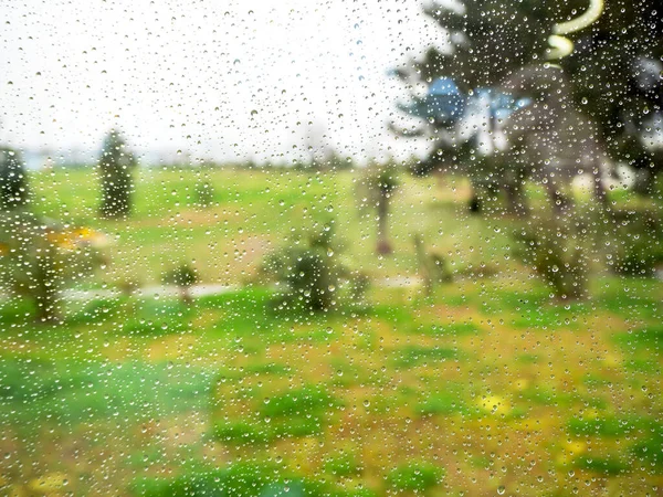 Kilátás nedves üvegen keresztül cseppekkel a zöld mezőn és fák esőben. Absztrakt nézet — Stock Fotó
