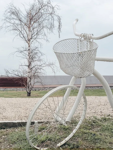 芝生の上に花籠が屋外に立って白い金属装飾自転車の断片 — ストック写真