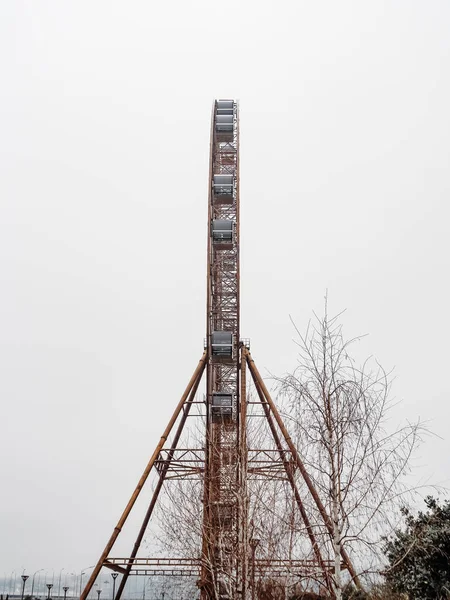 Boční pohled na vysoké ruské kolo s kabinou stojící mezi stromy s spadanými listy — Stock fotografie