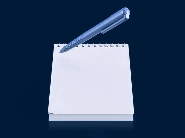 Caneta azul sobre um caderno sobre um fundo azul escuro. Renderização 3D — Fotografia de Stock