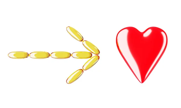 The arrow of the golden capsules indicates the heart. 3D rendering — Stock Photo, Image