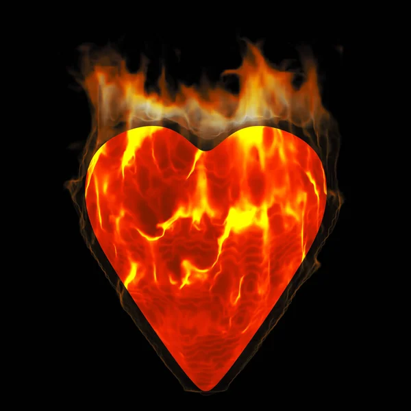 Red flaming fiery heart on a black background. 3D rendering — Stock Photo, Image