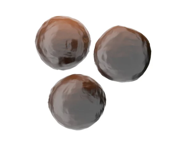 Tres caramelos redondos de chocolate sobre un fondo blanco. Renderizado 3D — Foto de Stock