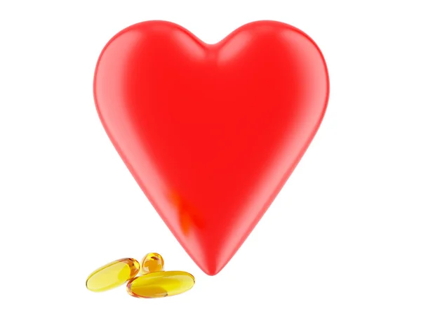 A red heart with three gelatin capsules next to it. 3D rendering — Stock Photo, Image