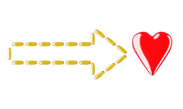 Ein Pfeil aus Gelatinekapseln deutet auf ein Herz auf weißem Hintergrund hin. 3D-Rendering — Stockfoto